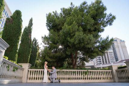 groom kneeling in front of bride