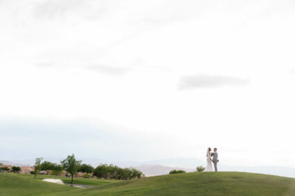 bride and groom on a green hill