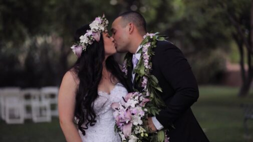 bride and groom kissing